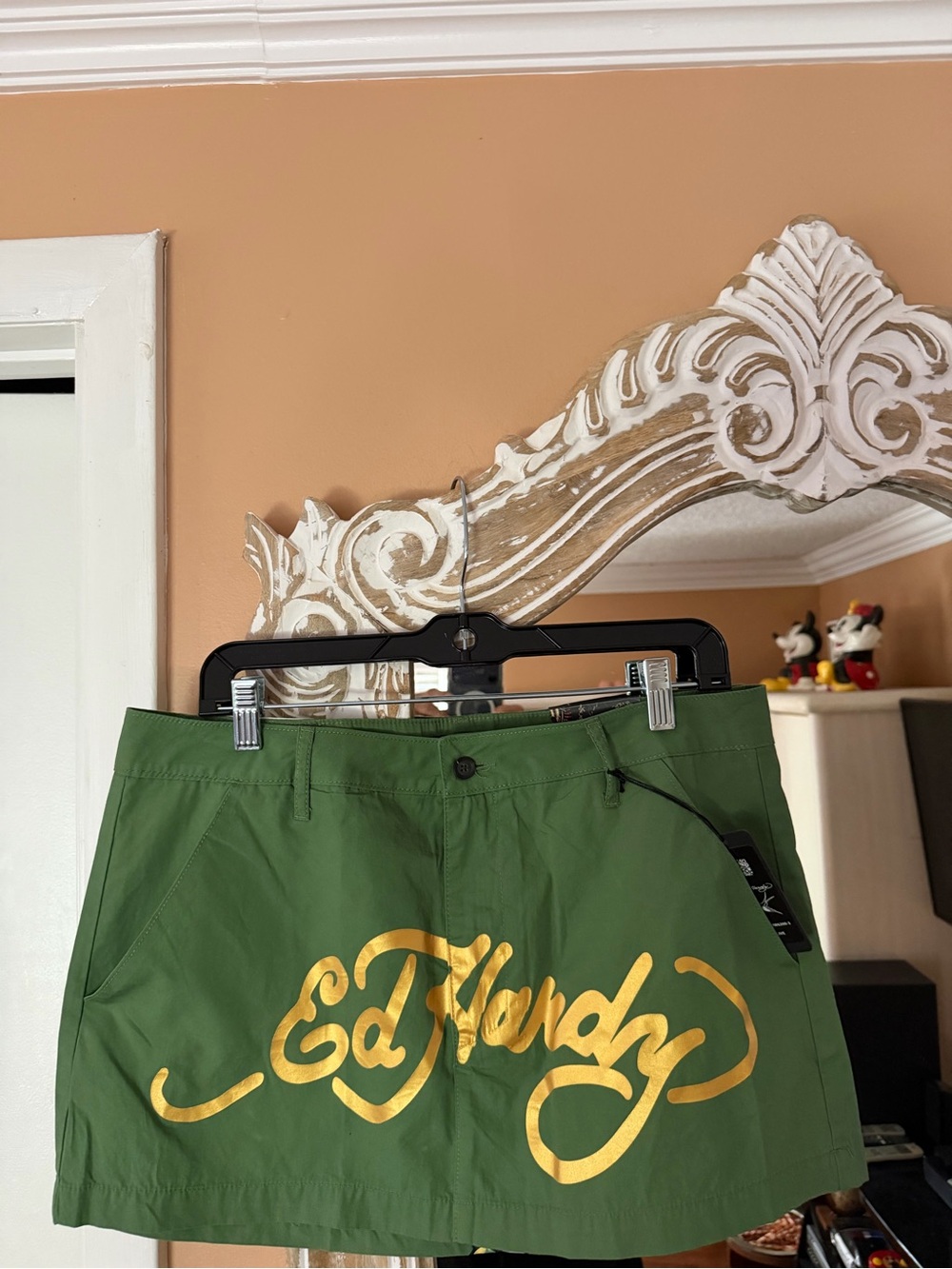 NEW Ed Hardy Olive Green Mini Skirt with Gold Logo